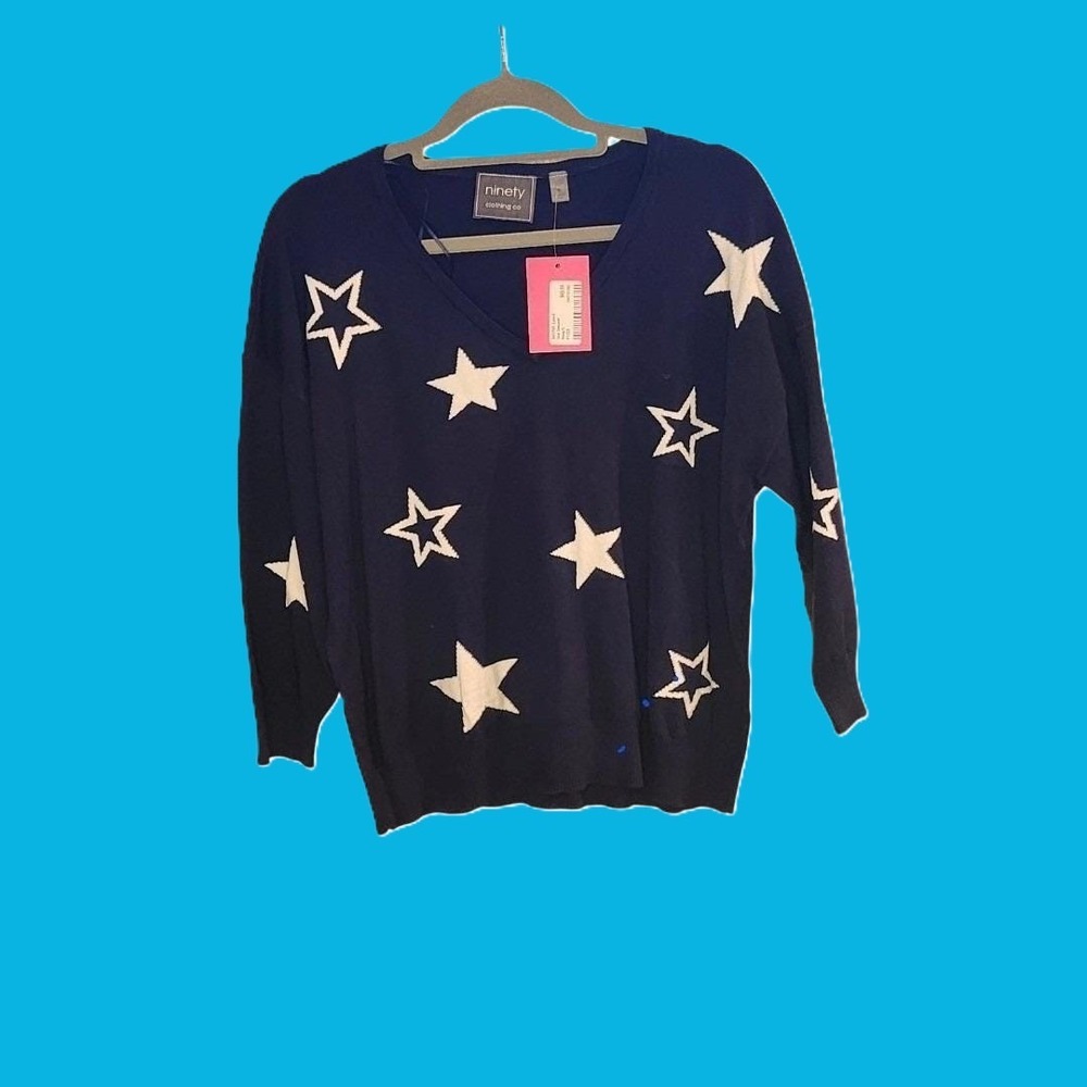 NWT Ninety Clothing Co Womens Navy Blue White Star V-Neck Sweater Small